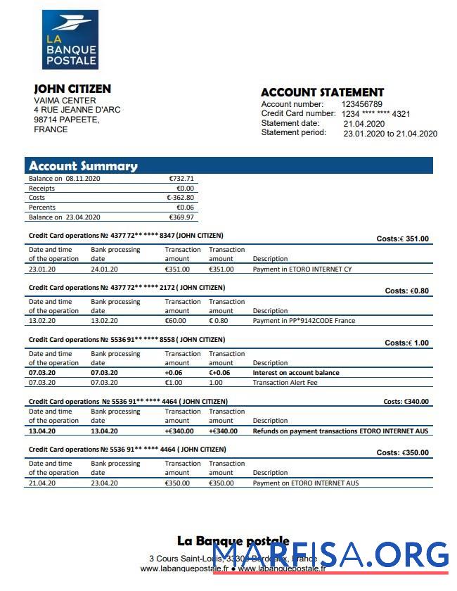Printable France La Banque Postale bank statement word example